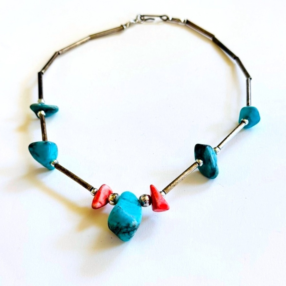 VTG Navajo blue Turquoise coral Necklace Native American beaded choker 15"